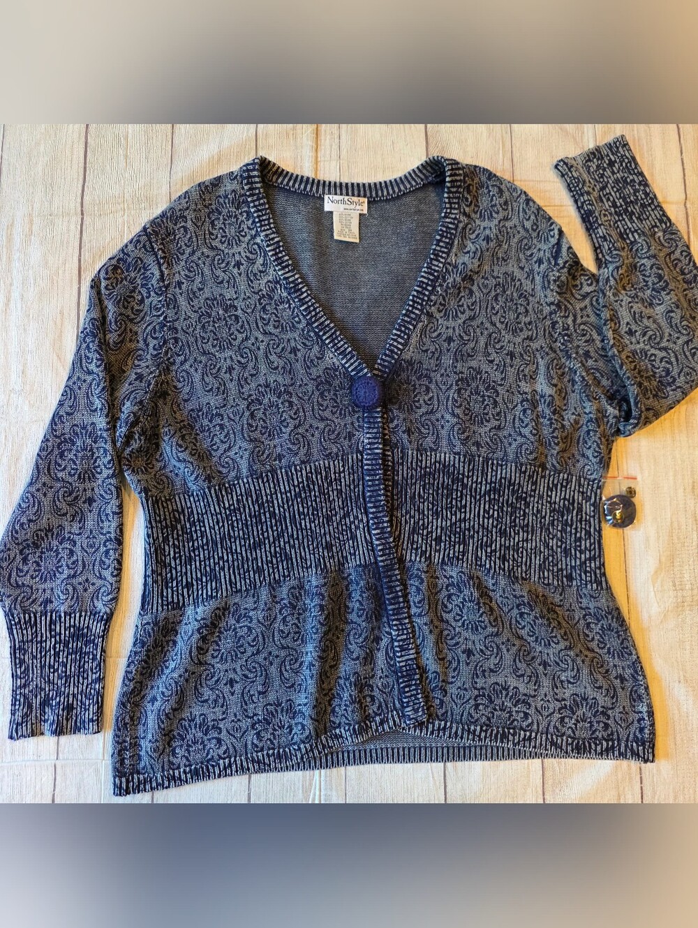 NorthStyle Size 3X Blue Knit Cardigan Button Paisley Ramie Cotton Fall Winter - Picture 2 of 8